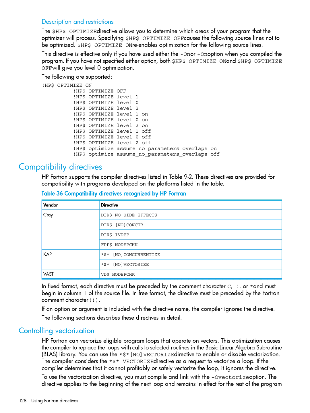 HP UX Fortran Software manual Compatibility directives, Controlling vectorization, Vendor Directive Cray 