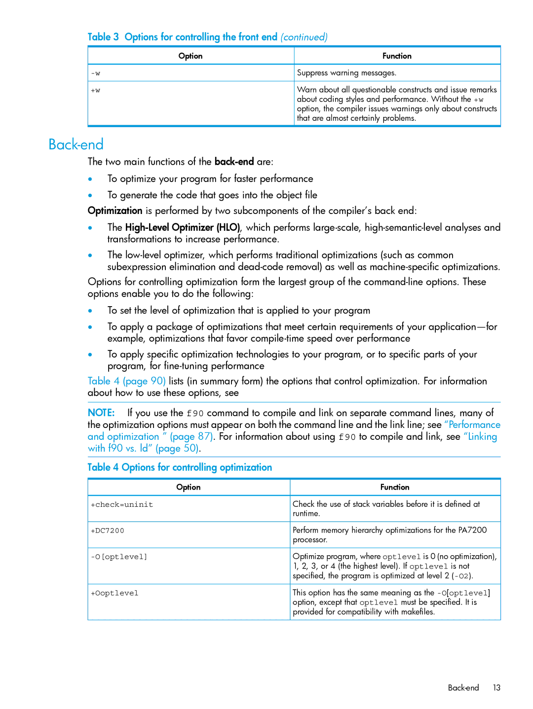 HP UX Fortran Software manual Back-end, Options for controlling optimization 