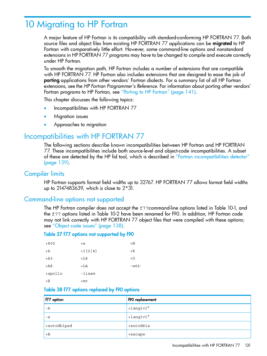 HP UX Fortran Software manual Migrating to HP Fortran, Incompatibilities with HP Fortran, Compiler limits 