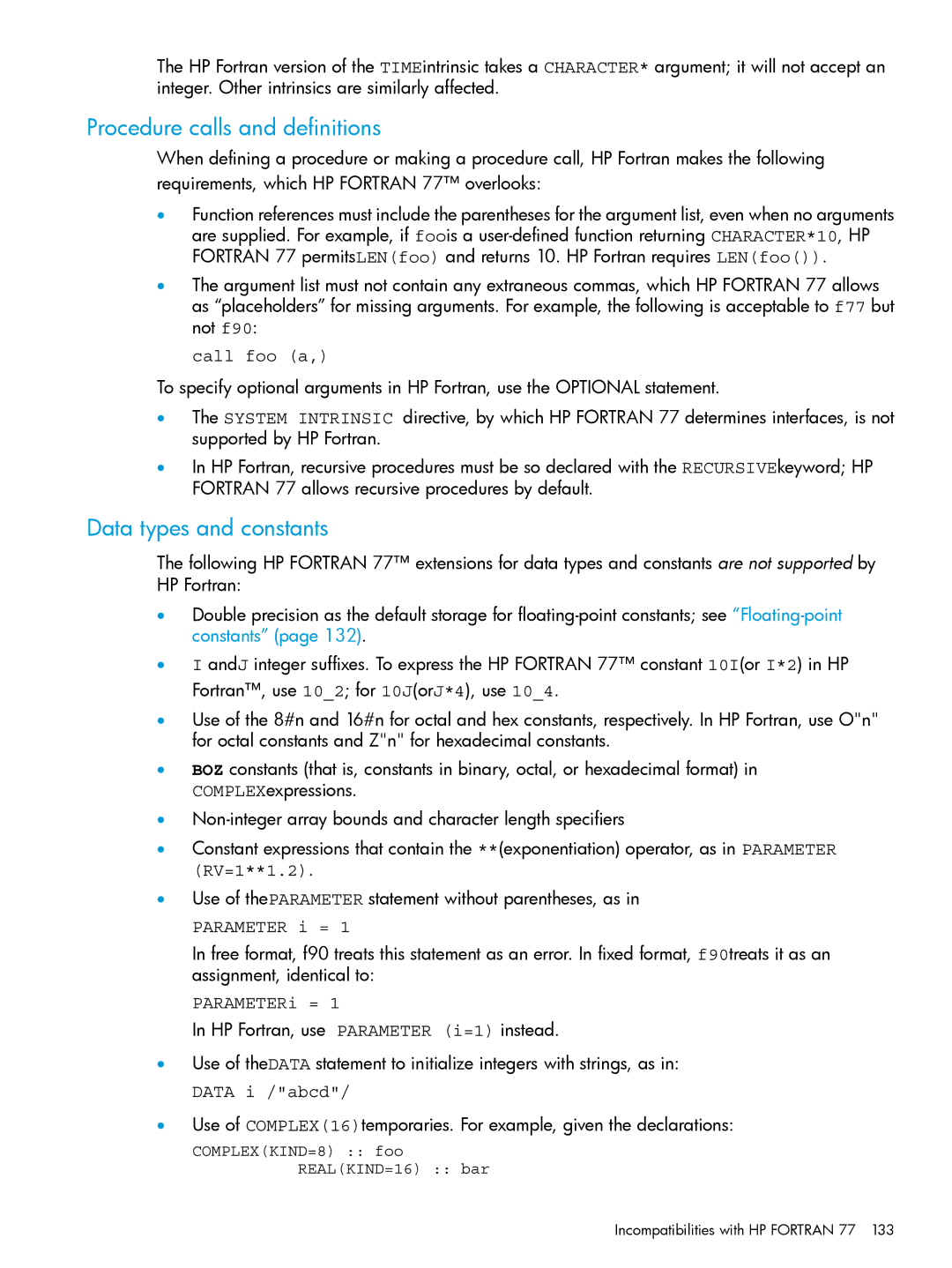 HP UX Fortran Software manual Procedure calls and definitions, Data types and constants 