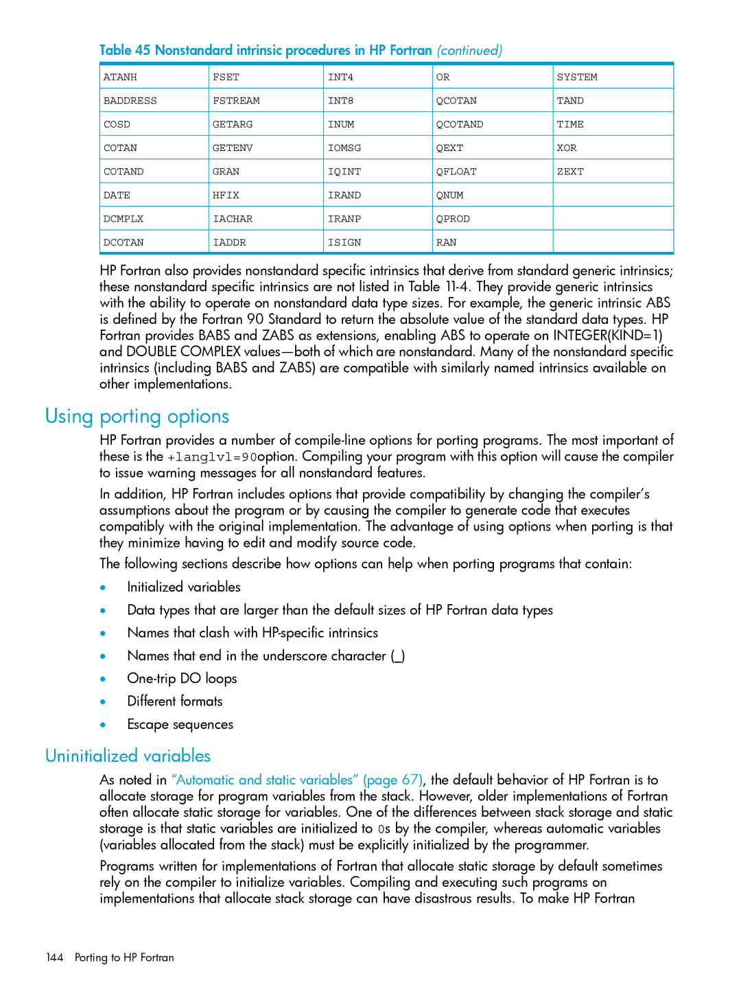 HP UX Fortran Software manual Using porting options, Uninitialized variables 