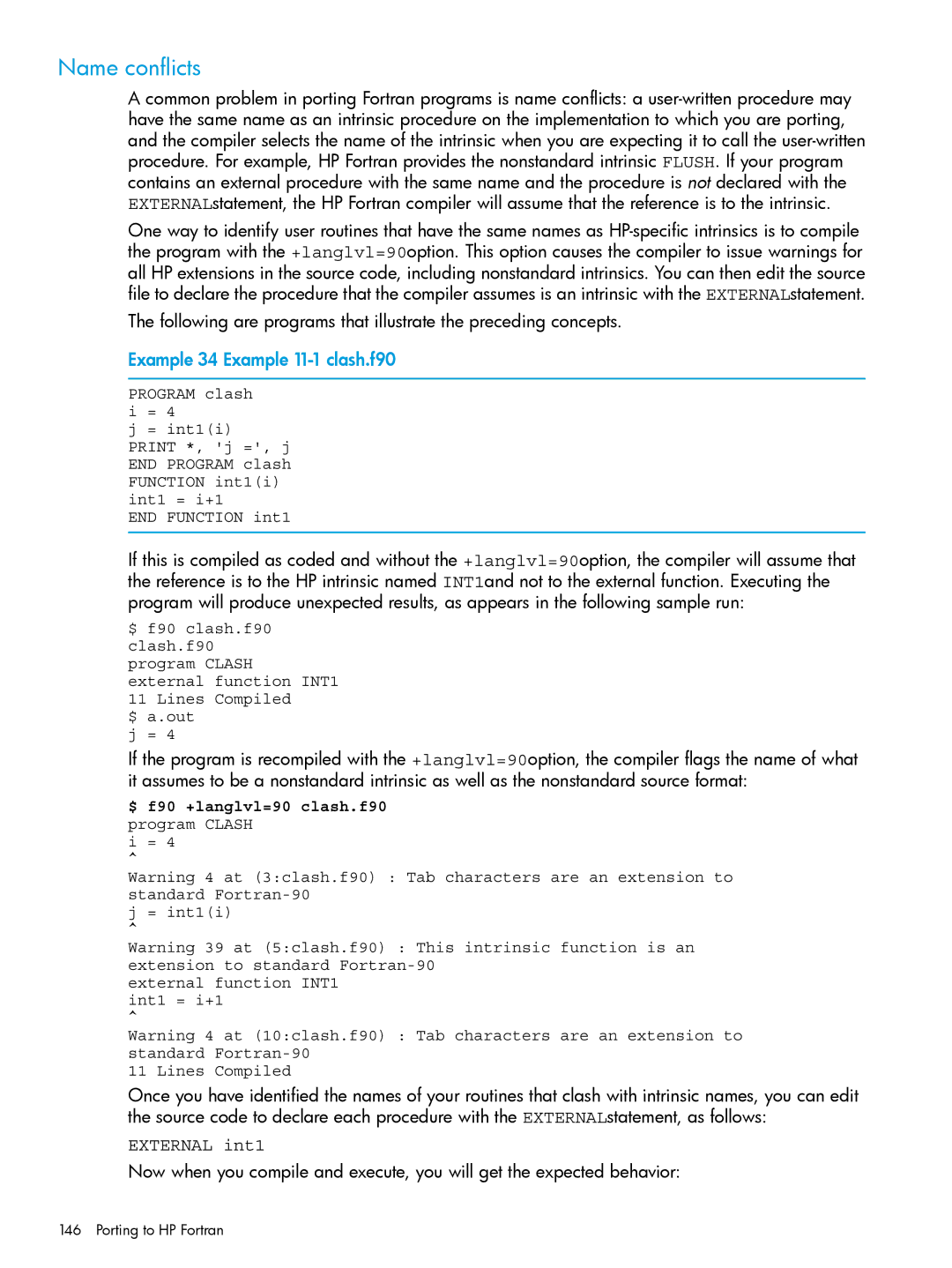 HP UX Fortran Software manual Name conflicts, Example 34 Example 11-1 clash.f90, External int1 