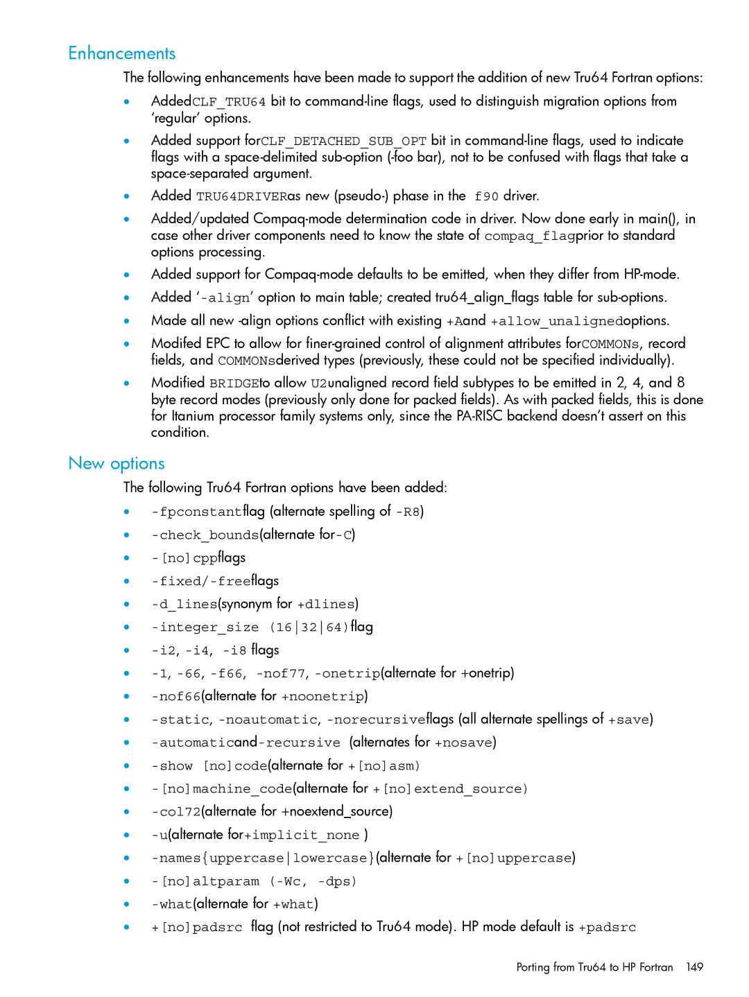 HP UX Fortran Software manual Enhancements, New options, Nof66alternate for +noonetrip, Porting from Tru64 to HP Fortran 