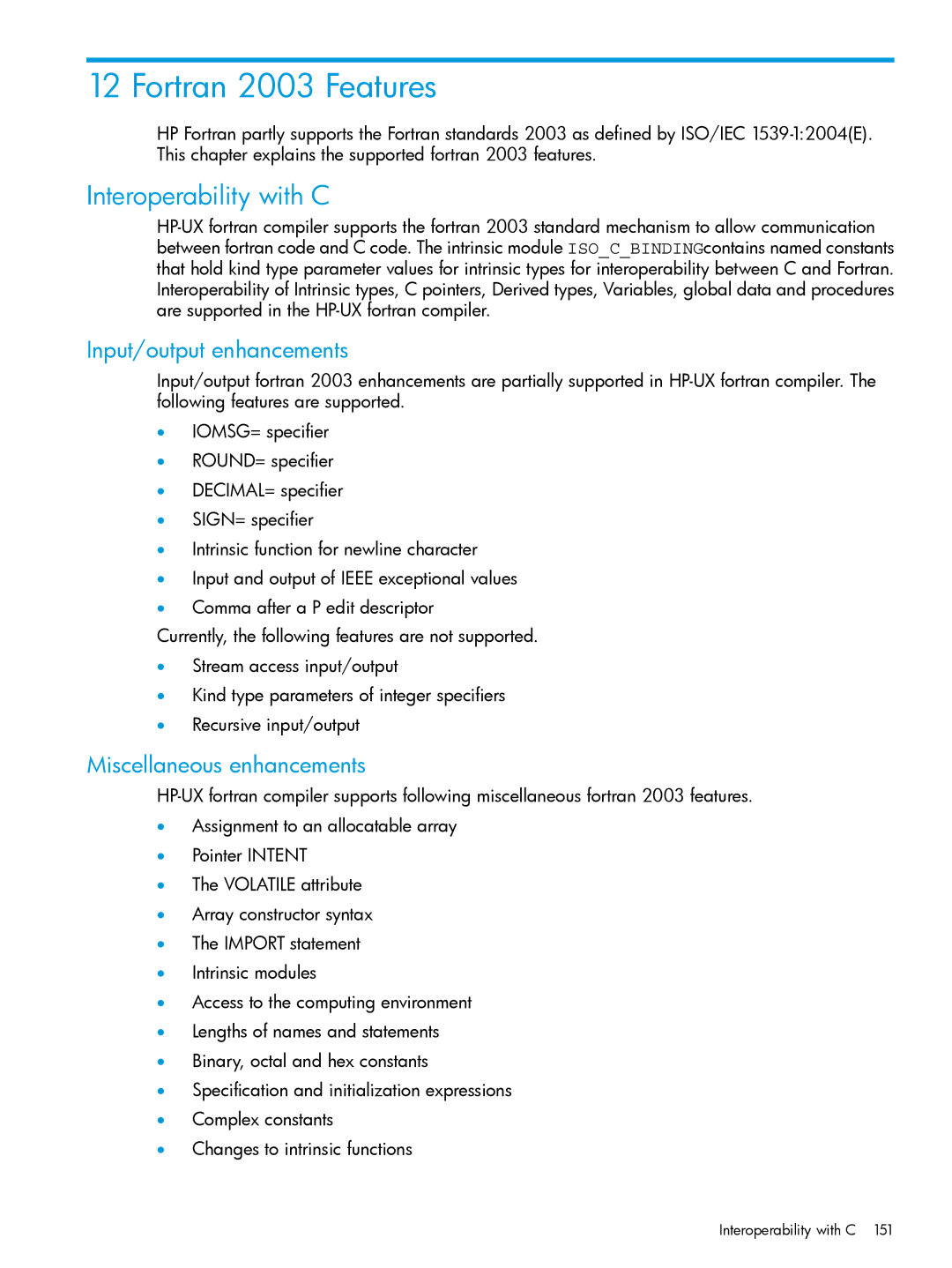 HP UX Fortran Software manual Fortran 2003 Features, Interoperability with C, Input/output enhancements 