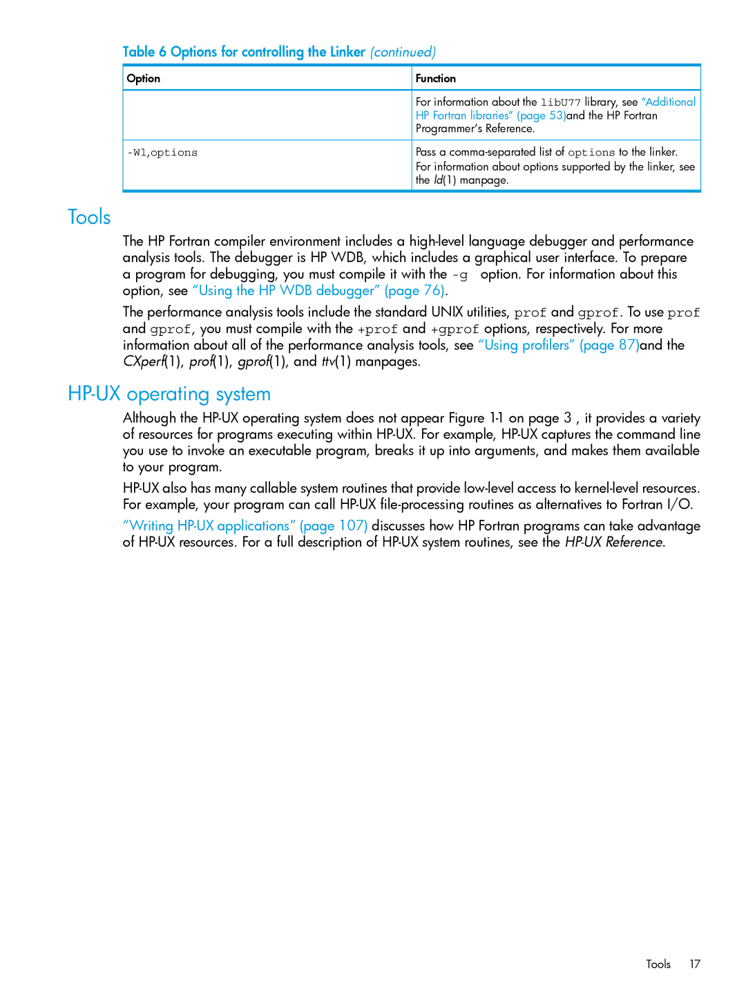 HP UX Fortran Software manual Tools, HP-UX operating system, Wl ,options 