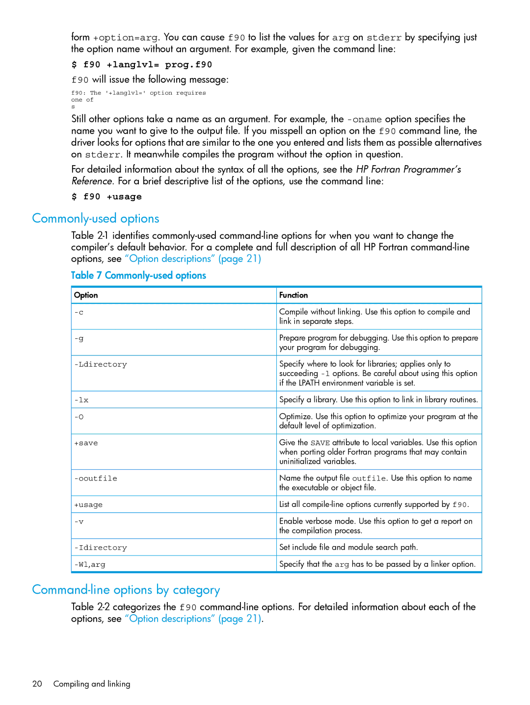 HP UX Fortran Software manual Commonly-used options, Command-line options by category, +save, Wl , arg 