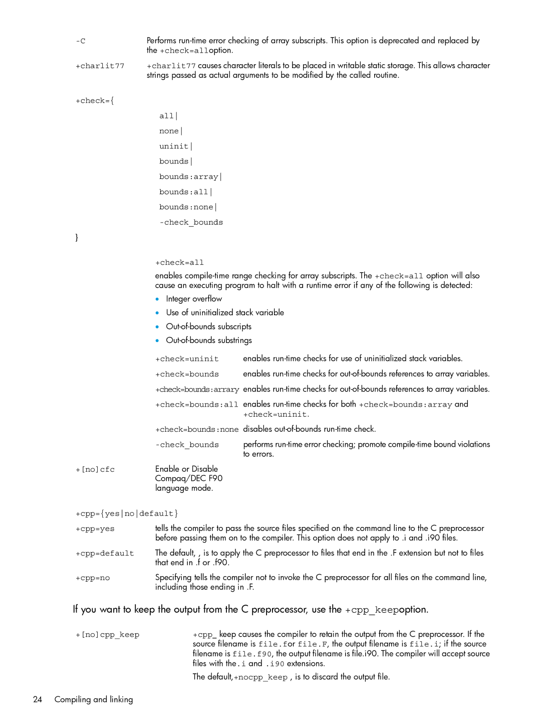 HP UX Fortran Software manual +charlit77, +check=bounds, +nocfc, +cpp=default, +cpp=no 