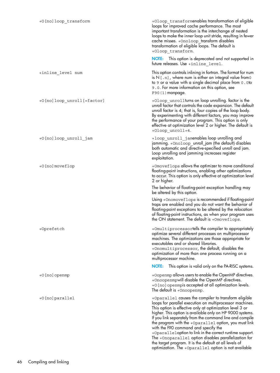 HP UX Fortran Software manual +inlinelevel num, +Onoloopunroll=factor, +Oloopunroll=4, +Onoloopunrolljam, +Onomoveflop 