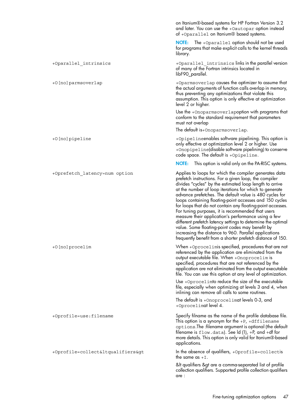 HP UX Fortran Software +Oparallelintrinsics, Default is+Onoparmsoverlap, +Onopipeline, +Oprefetchlatency=num option 