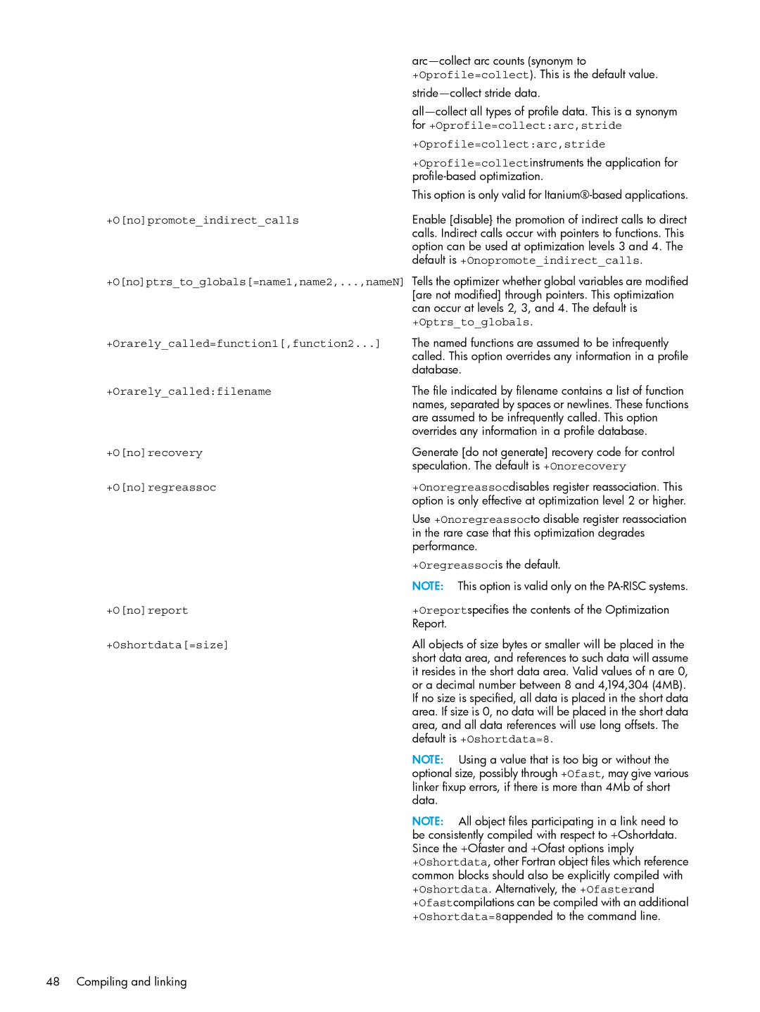 HP UX Fortran Software manual For +Oprofile=collectarc,stride, Default is +Onopromoteindirectcalls, +Optrstoglobals 