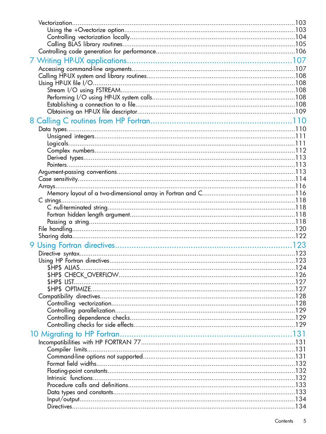 HP UX Fortran Software Writing HP-UX applications 107, Calling C routines from HP Fortran 110, Migrating to HP Fortran 131 