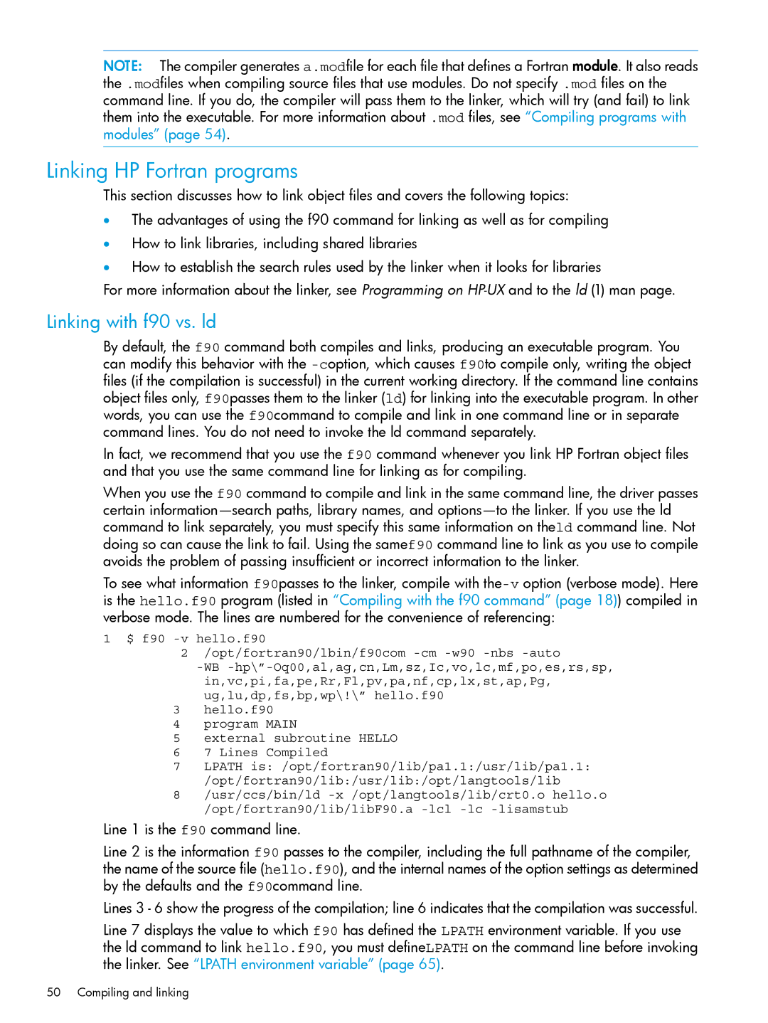 HP UX Fortran Software manual Linking HP Fortran programs, Linking with f90 vs. ld 