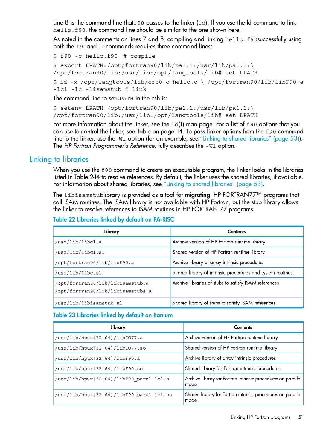 HP UX Fortran Software manual Linking to libraries, $ f90 -c hello.f90 # compile, Libraries linked by default on PA-RISC 