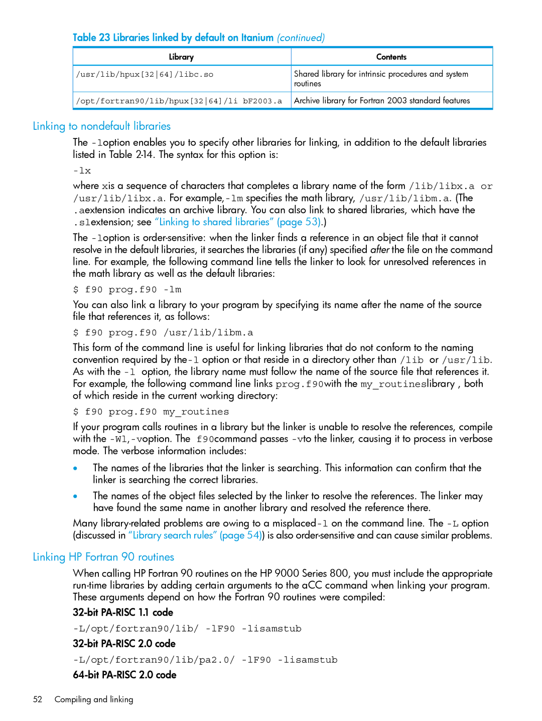 HP UX Fortran Software manual Linking to nondefault libraries, Linking HP Fortran 90 routines 