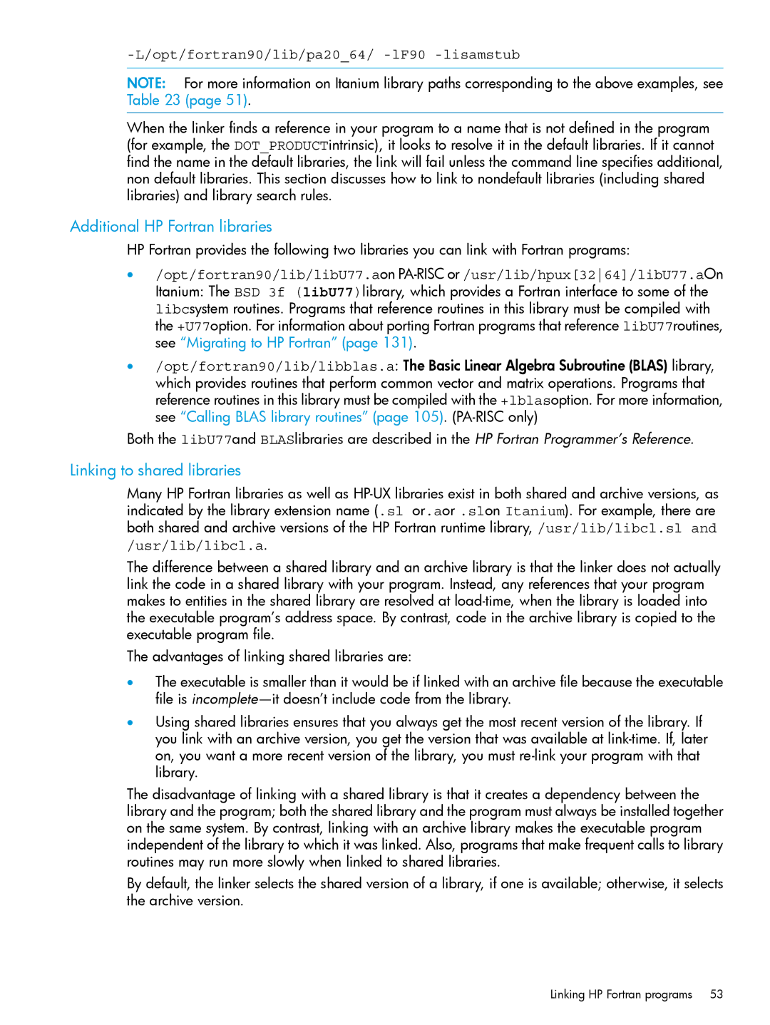 HP UX Fortran Software manual Additional HP Fortran libraries, Linking to shared libraries 