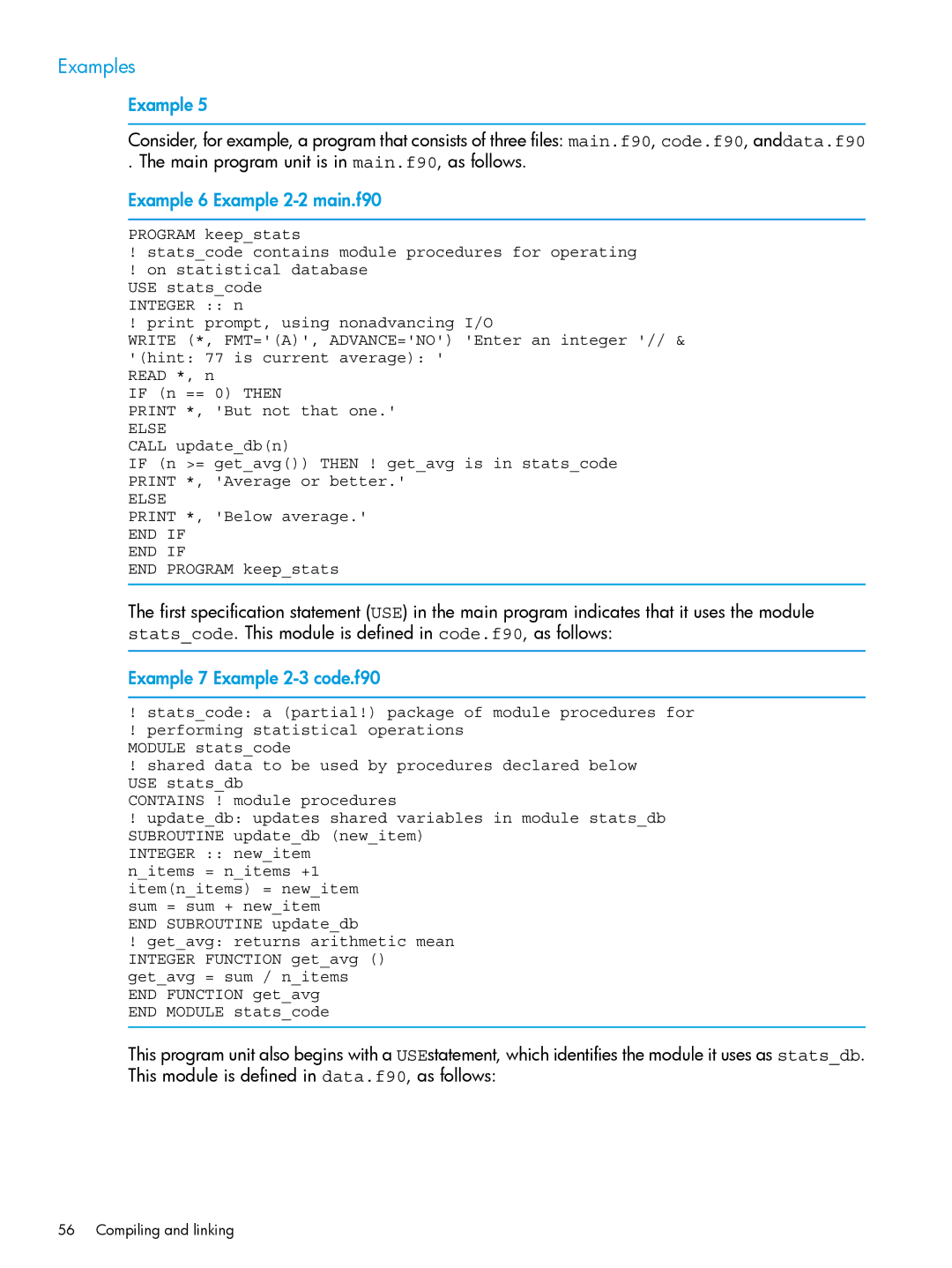 HP UX Fortran Software manual Examples, Example 6 Example 2-2 main.f90, Example 7 Example 2-3 code.f90 