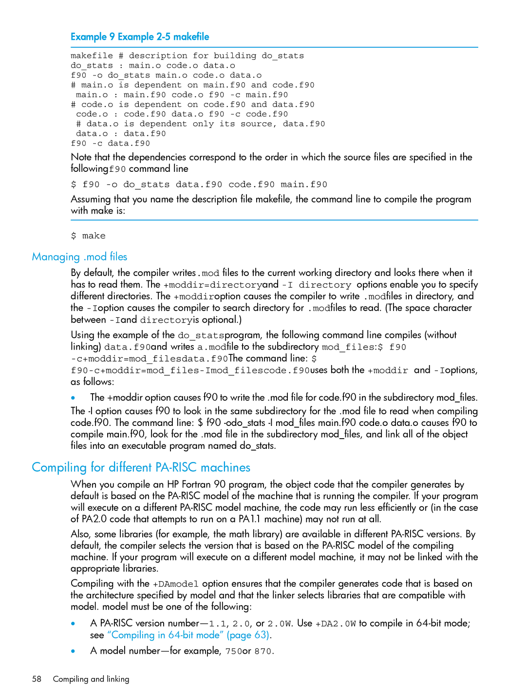 HP UX Fortran Software manual Compiling for different PA-RISC machines, Managing .mod files, Example 9 Example 2-5 makefile 