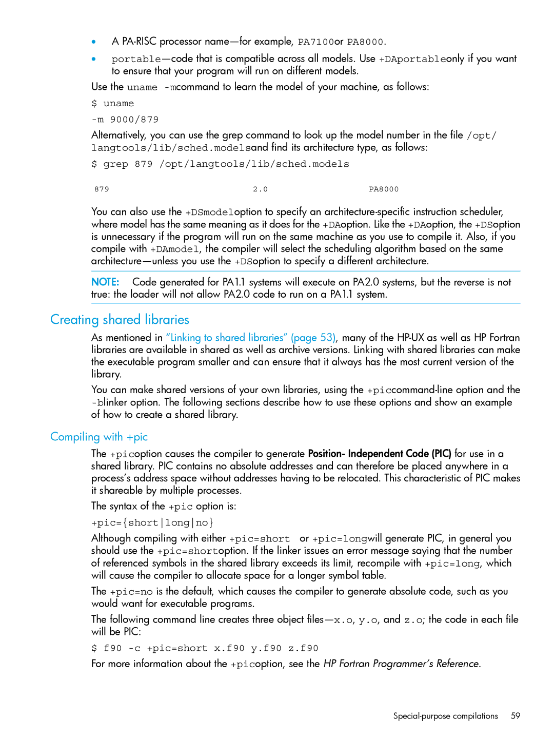 HP UX Fortran Software manual Creating shared libraries, Compiling with +pic 