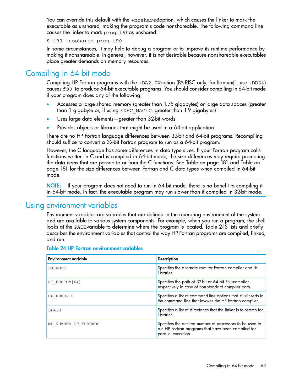 HP UX Fortran Software manual Compiling in 64-bit mode, Using environment variables, $ f90 +noshared prog.f90, STF90COM64 