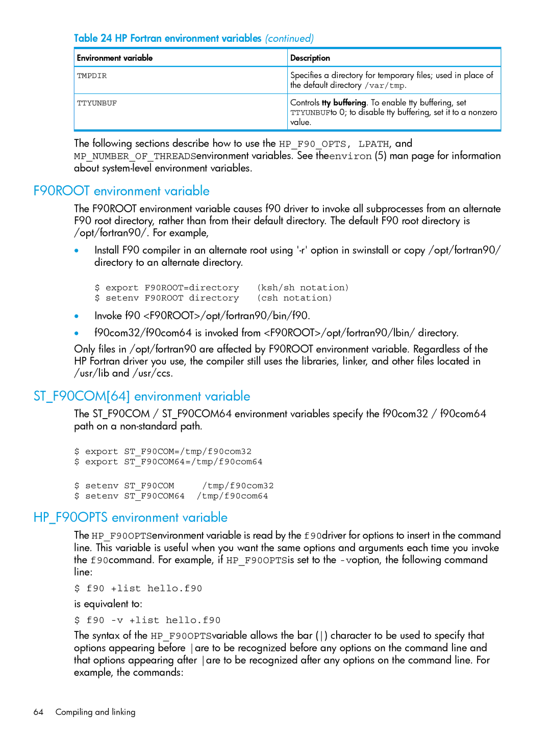 HP UX Fortran Software manual F90ROOT environment variable, STF90COM64 environment variable, HPF90OPTS environment variable 