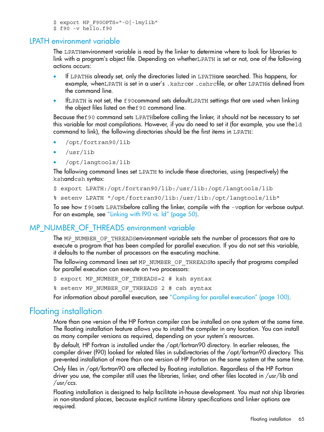 HP UX Fortran Software manual Floating installation, Lpath environment variable, Mpnumberofthreads environment variable 