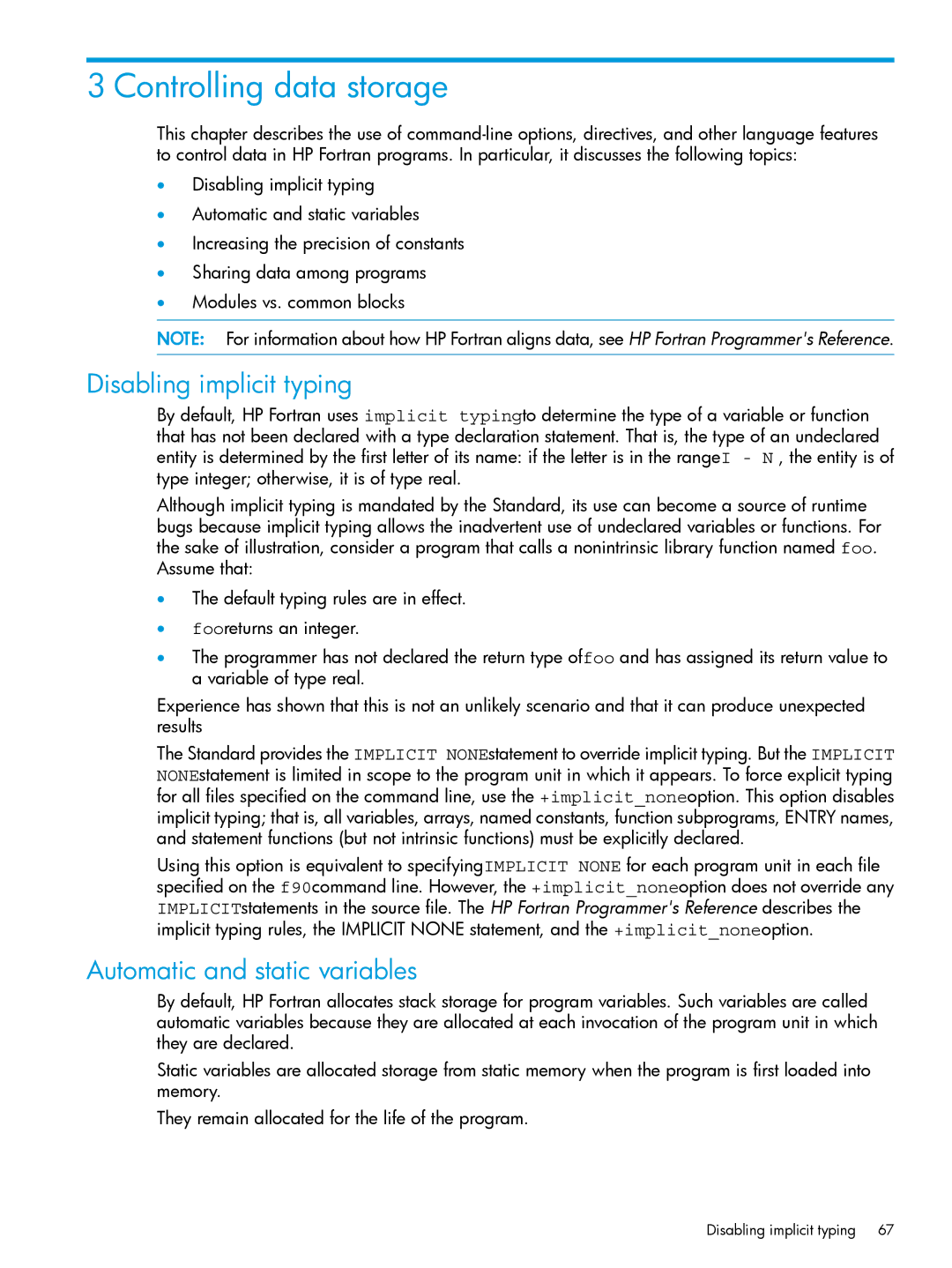 HP UX Fortran Software manual Controlling data storage, Disabling implicit typing, Automatic and static variables 