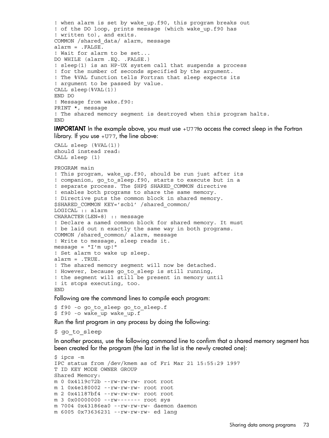 HP UX Fortran Software manual $ gotosleep, Sharing data among programs 