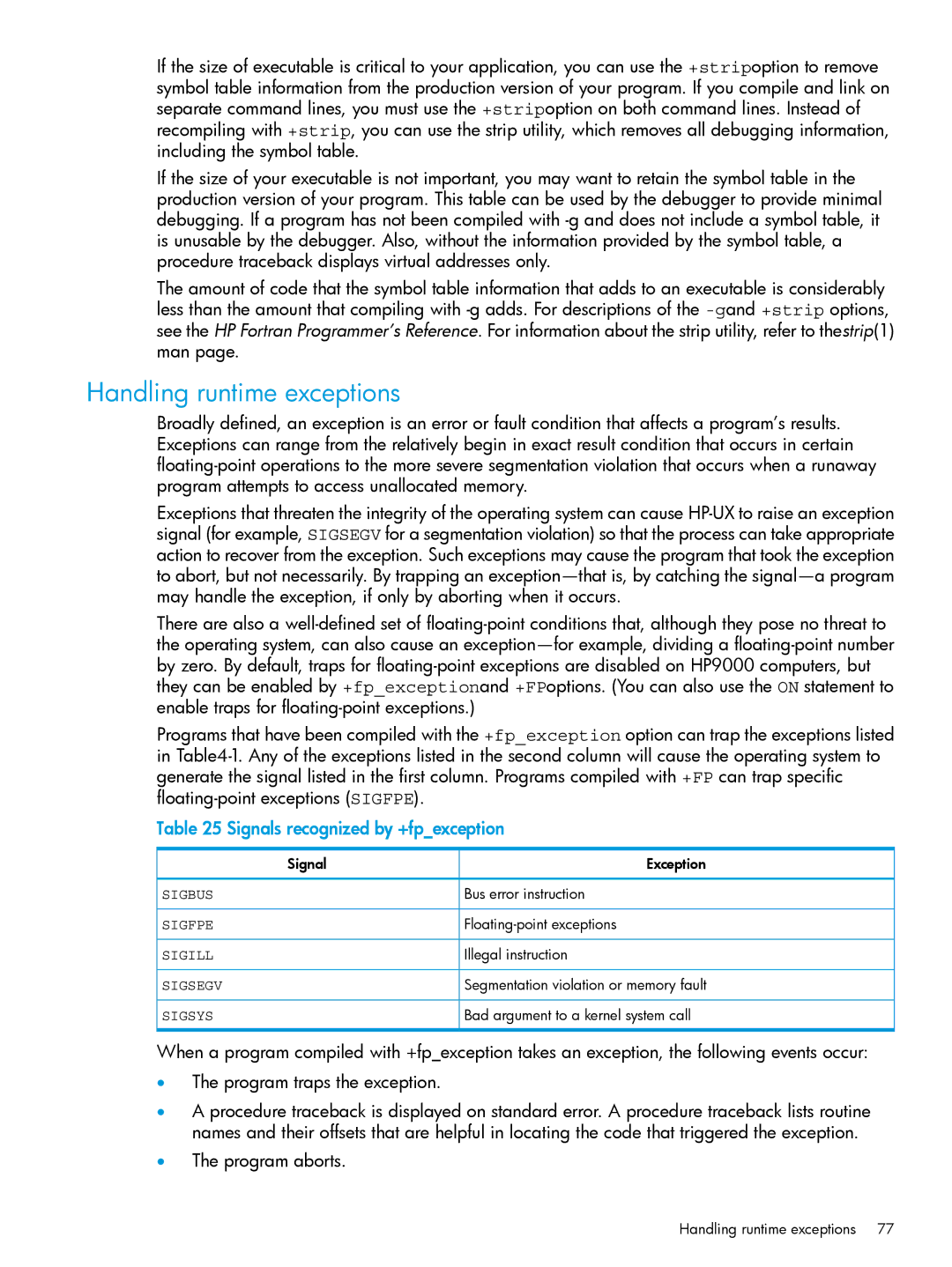 HP UX Fortran Software manual Handling runtime exceptions, Signals recognized by +fpexception, Floating-point exceptions 