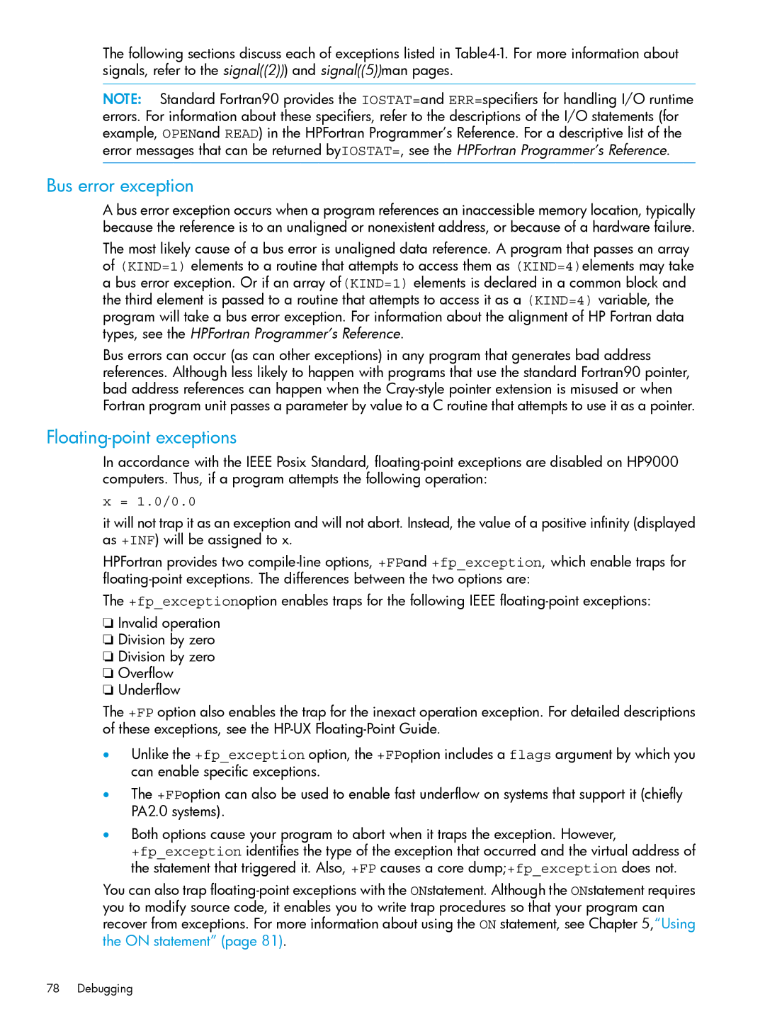 HP UX Fortran Software manual Bus error exception, Floating-point exceptions, = 1.0/0.0 