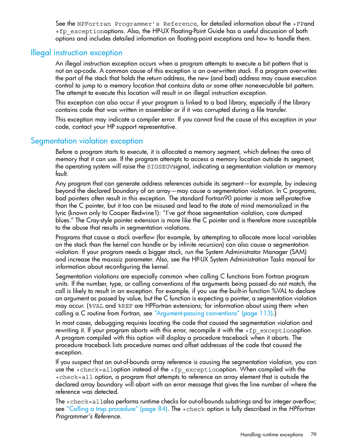 HP UX Fortran Software manual Illegal instruction exception, Segmentation violation exception 