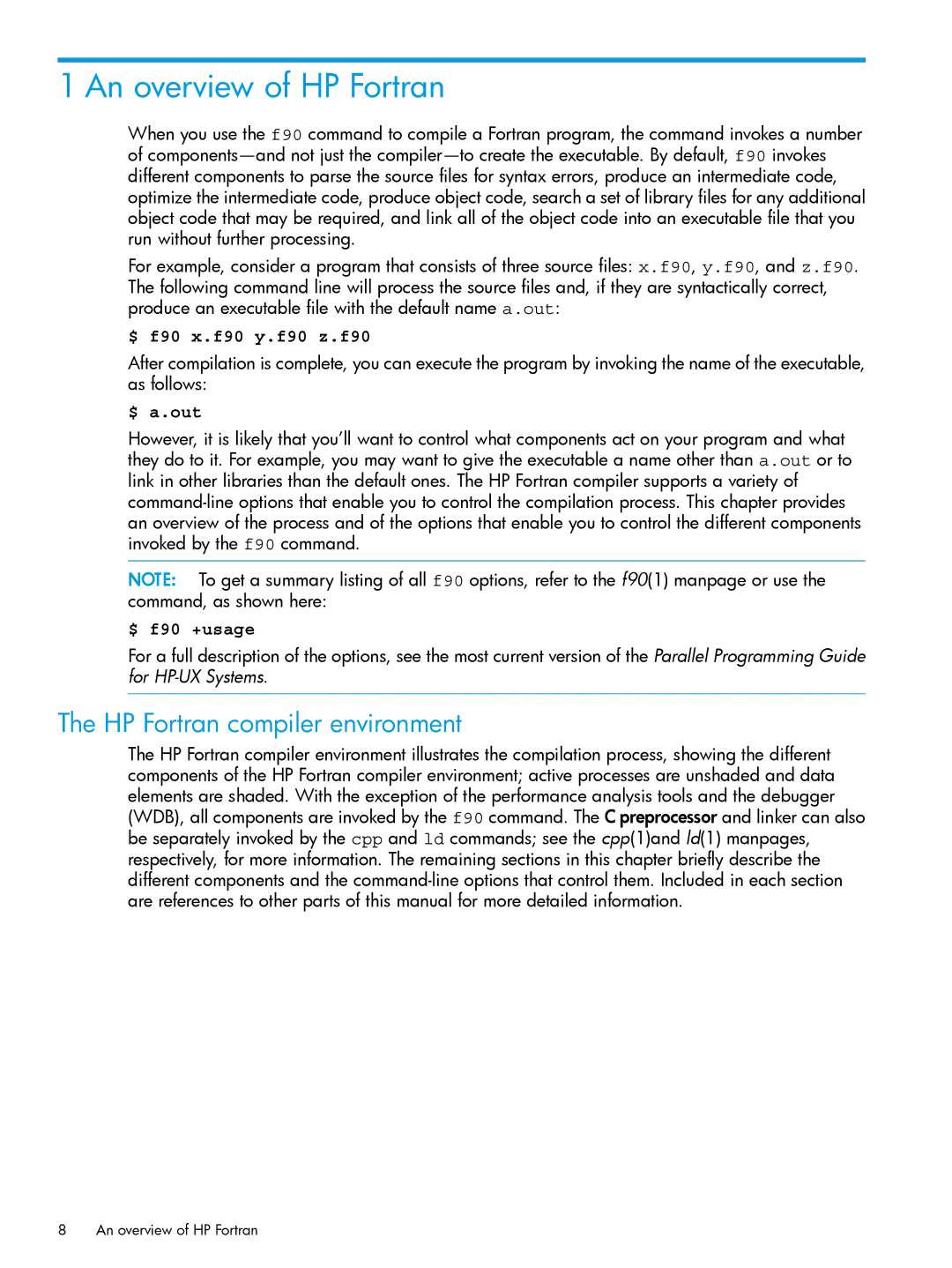 HP UX Fortran Software manual An overview of HP Fortran, HP Fortran compiler environment 