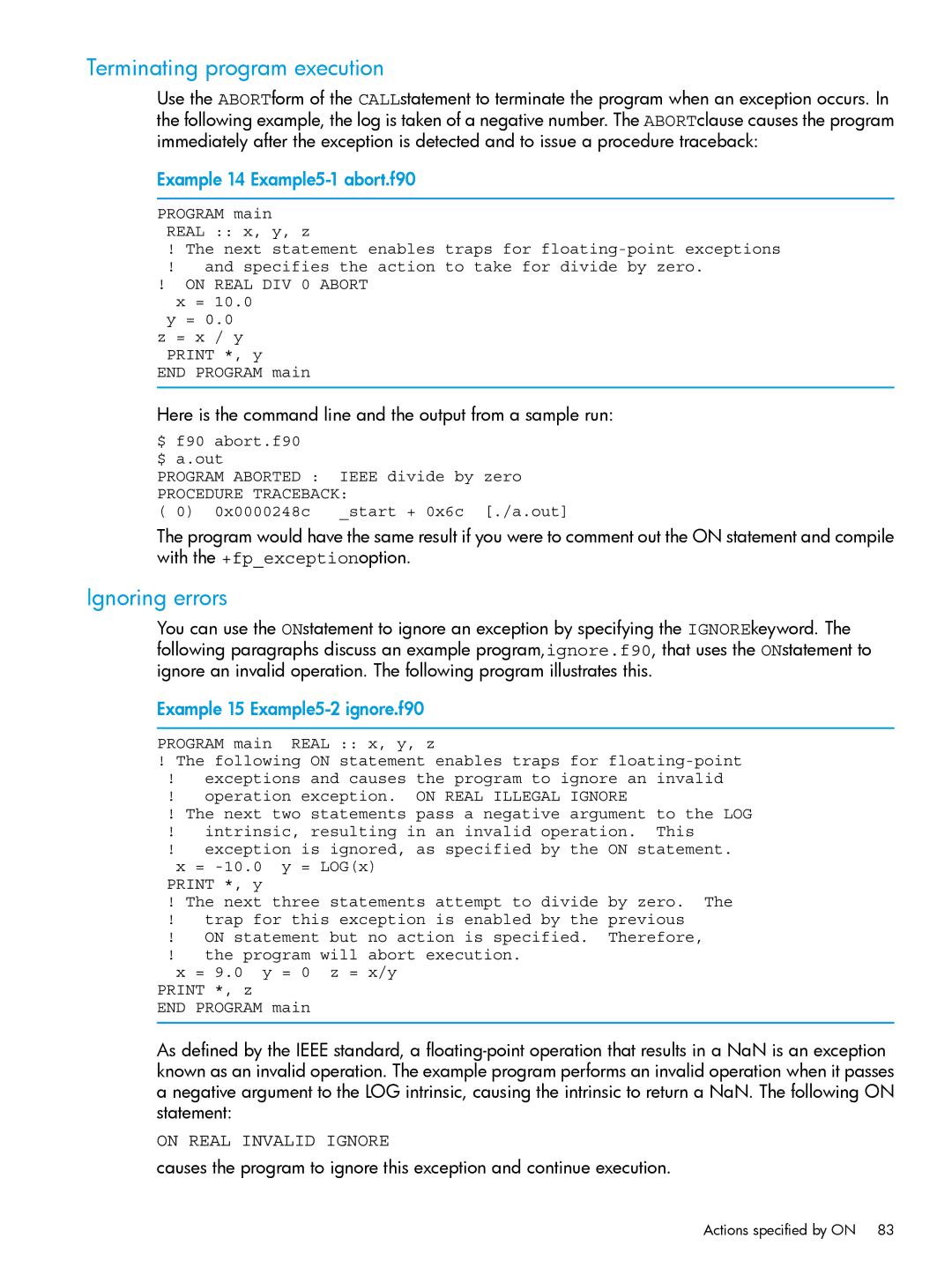 HP UX Fortran Software manual Terminating program execution, Ignoring errors, Example 14 Example5-1 abort.f90 