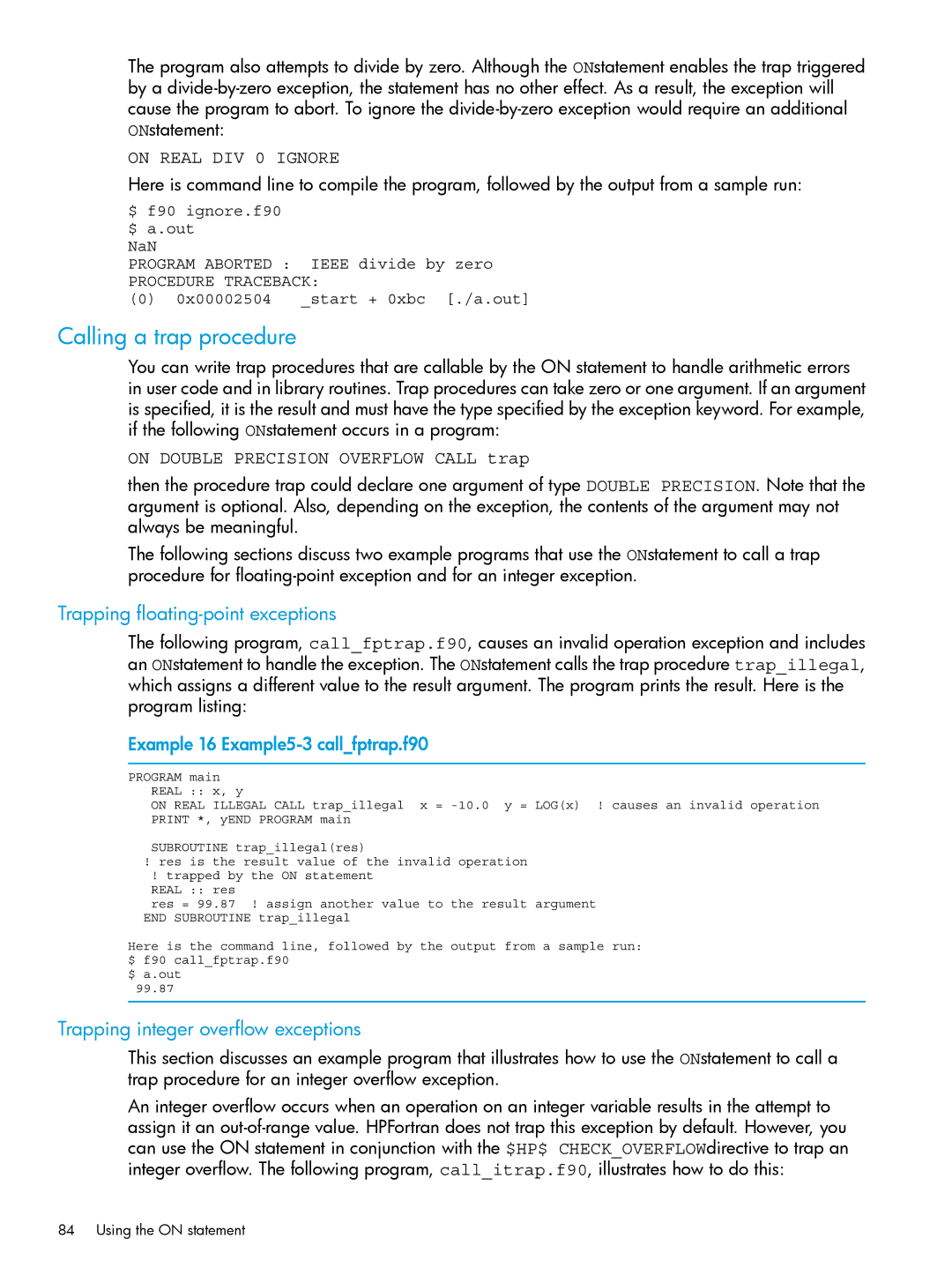 HP UX Fortran Software Calling a trap procedure, Trapping floating-point exceptions, Trapping integer overflow exceptions 