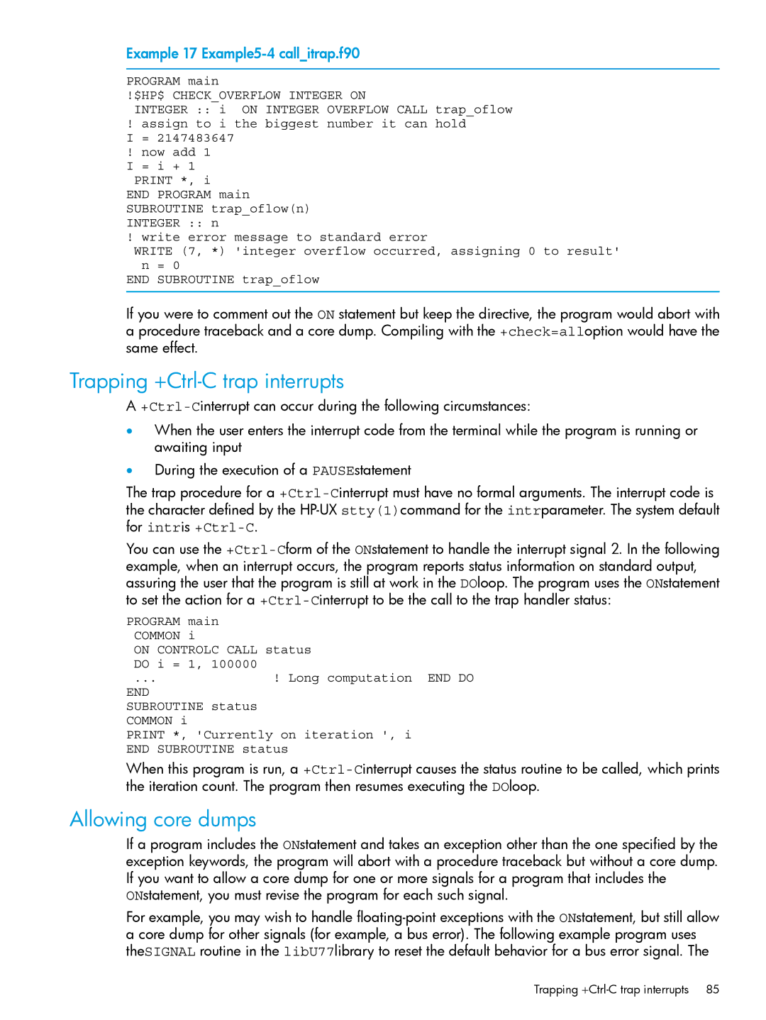 HP UX Fortran Software manual Trapping +Ctrl-C trap interrupts, Allowing core dumps, Example 17 Example5-4 callitrap.f90 