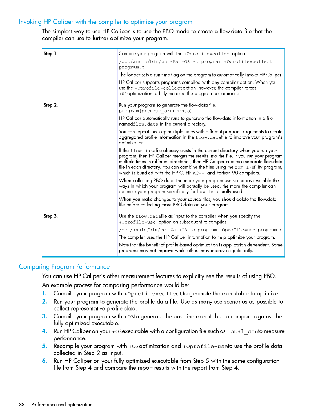 HP UX Fortran Software Comparing Program Performance, Opt/ansic/bin/cc -Aa +O3 -o program +Oprofile=collect, Program.c 