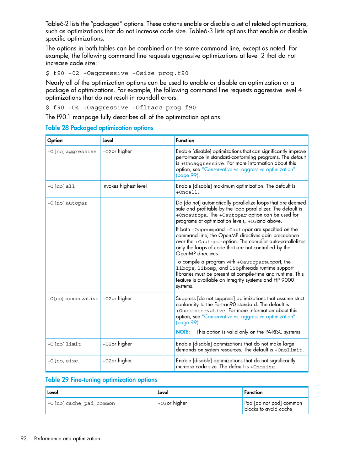 HP UX Fortran Software manual $ f90 +02 +Oaggressive +Osize prog.f90, $ f90 +O4 +Oaggressive +Ofltacc prog.f90 