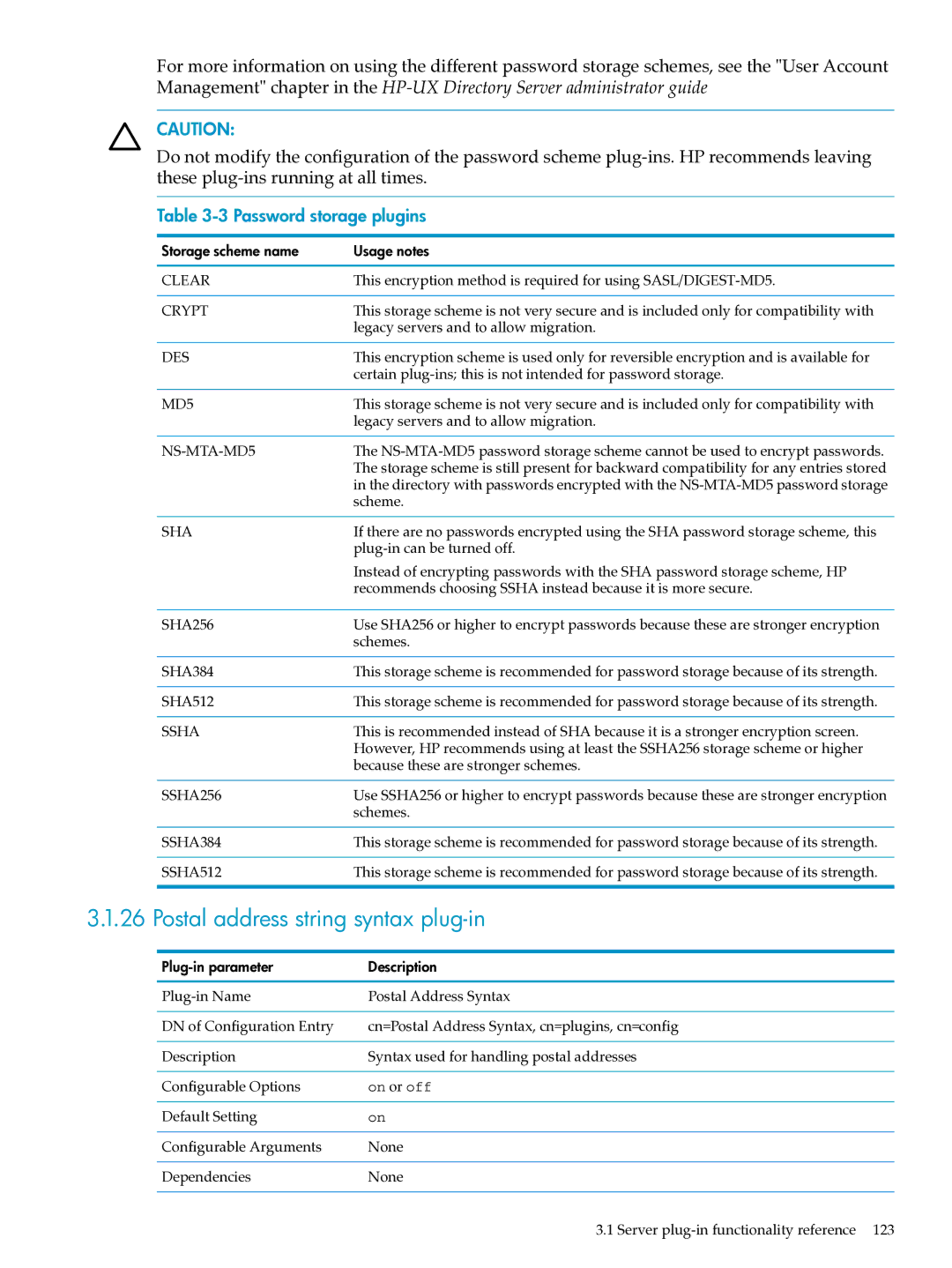 HP UX Identity Security Software manual Postal address string syntax plug-in, Password storage plugins 