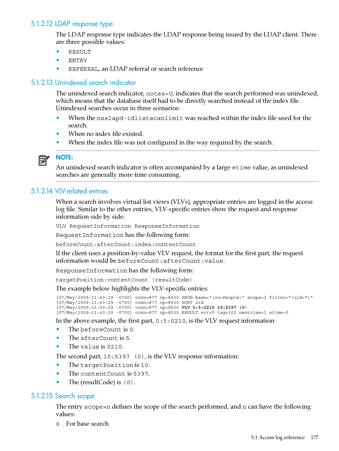 HP UX Identity Security Software manual Ldap response type, Unindexed search indicator, VLV-related entries, Search scope 