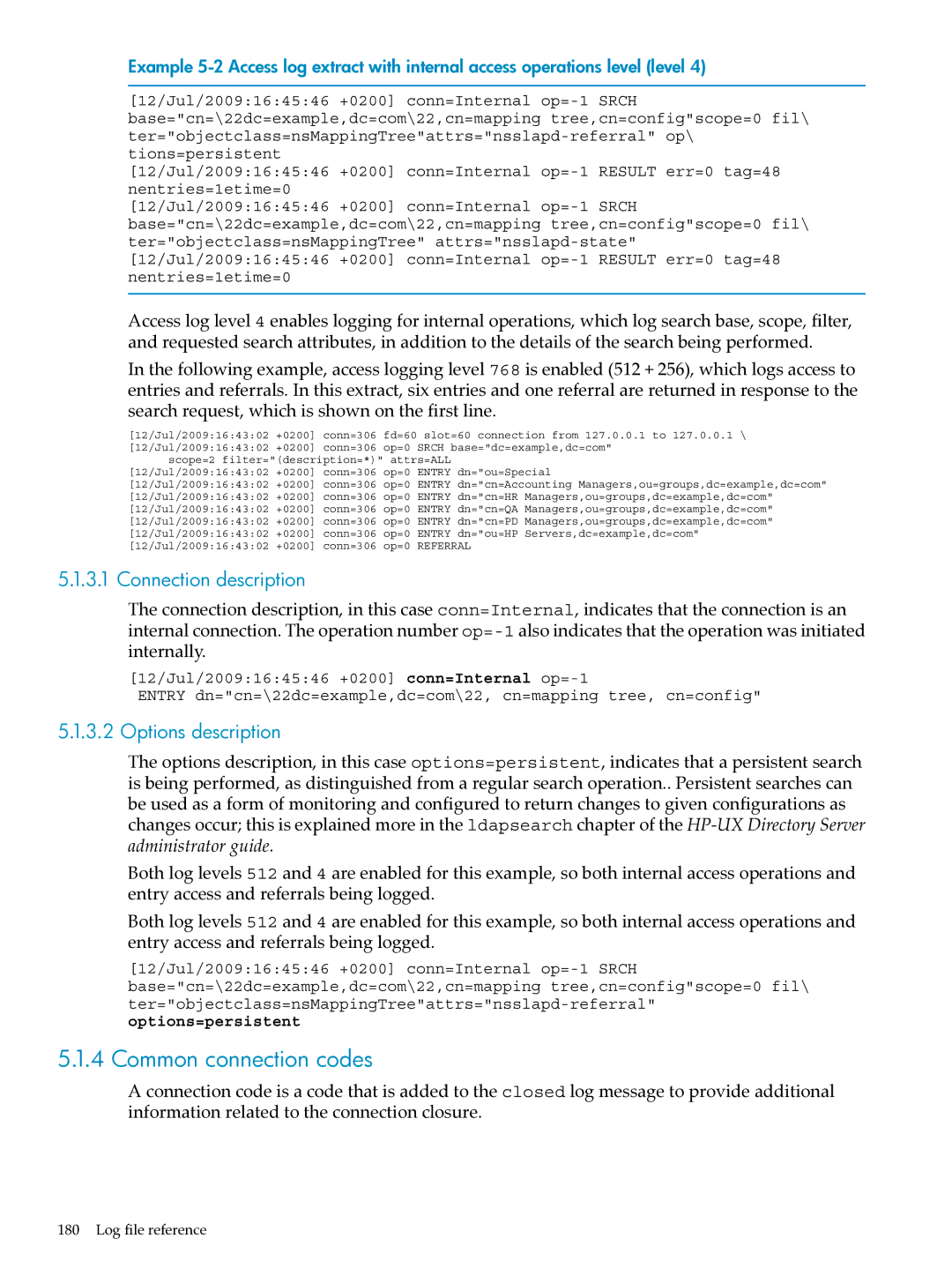 HP UX Identity Security Software manual Common connection codes, Connection description, Options description 