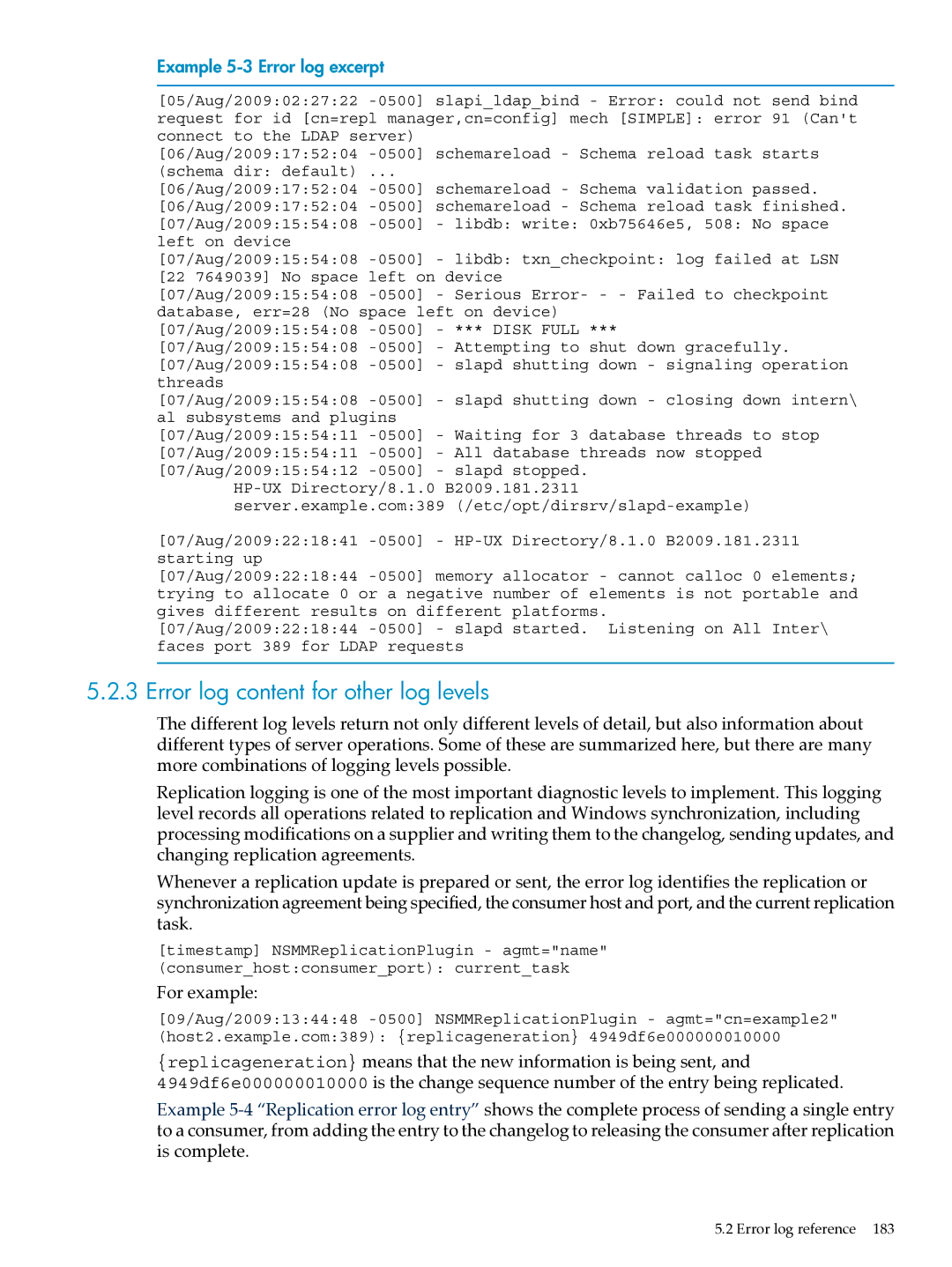 HP UX Identity Security Software manual Error log content for other log levels, Example 5-3 Error log excerpt 