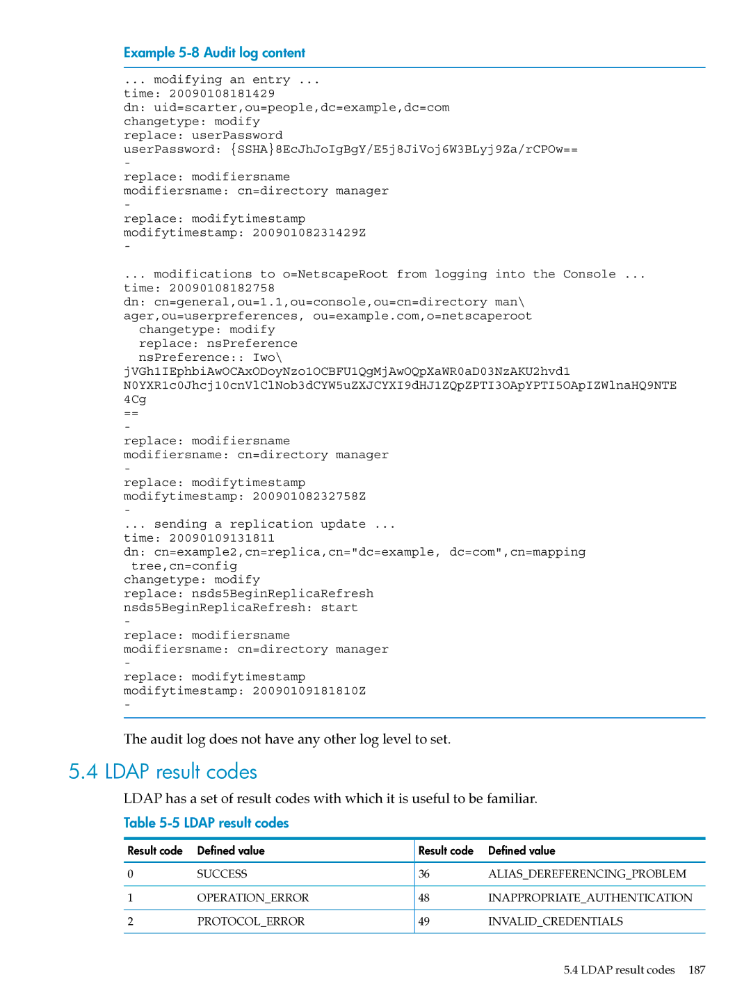 HP UX Identity Security Software manual Ldap result codes, Example 5-8 Audit log content 