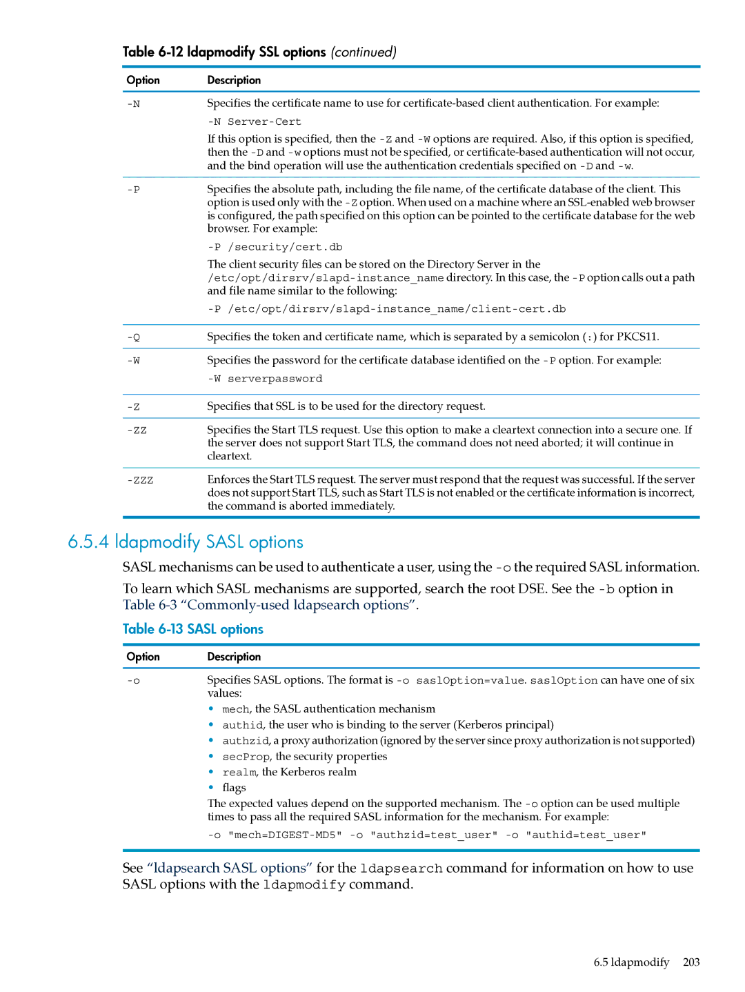 HP UX Identity Security Software manual Ldapmodify Sasl options, ldapmodify SSL options 