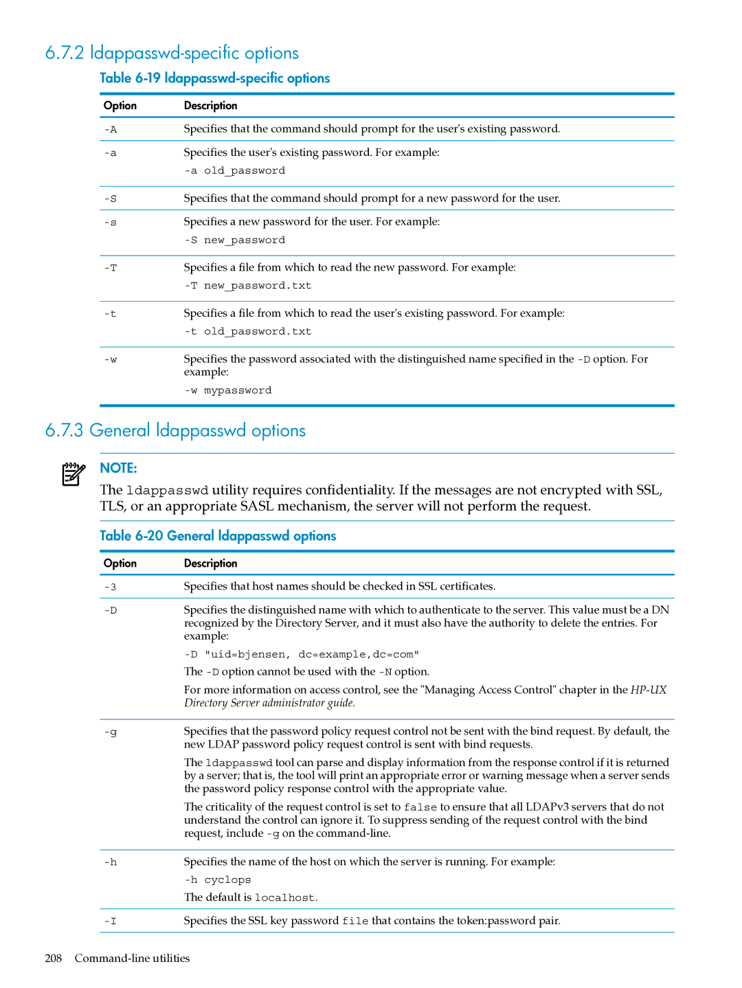 HP UX Identity Security Software Ldappasswd-specific options, General ldappasswd options, ldappasswd-specific options 