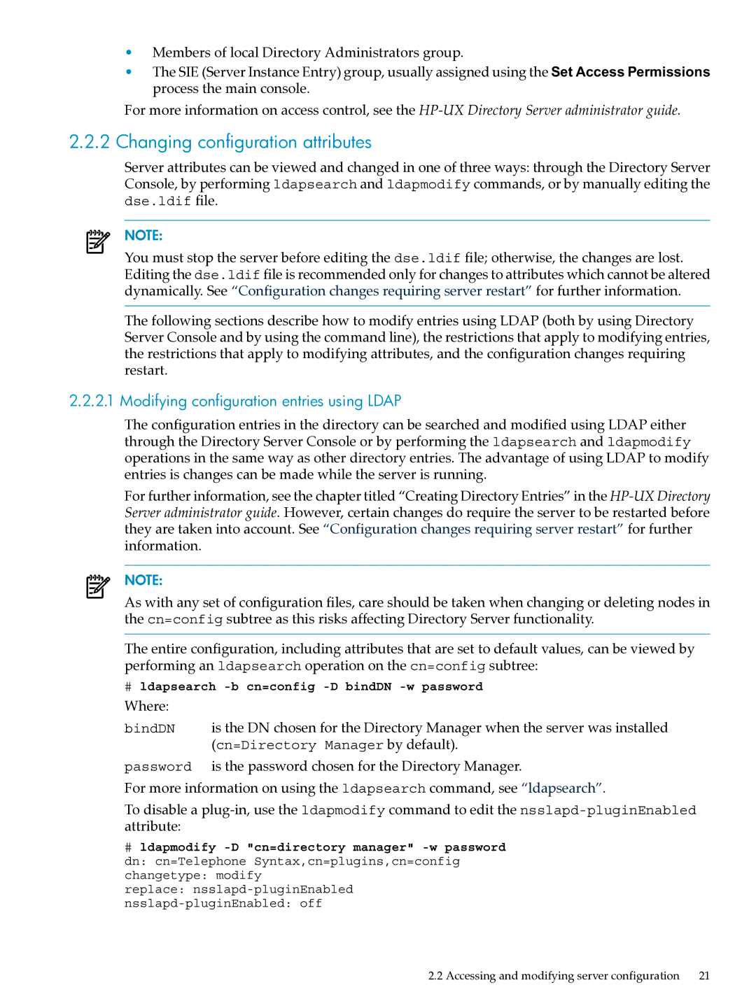 HP UX Identity Security Software Changing configuration attributes, Modifying configuration entries using Ldap, Where 