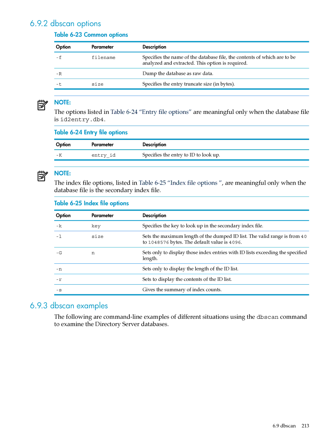 HP UX Identity Security Software Dbscan options, Dbscan examples, Common options, Entry file options, Index file options 