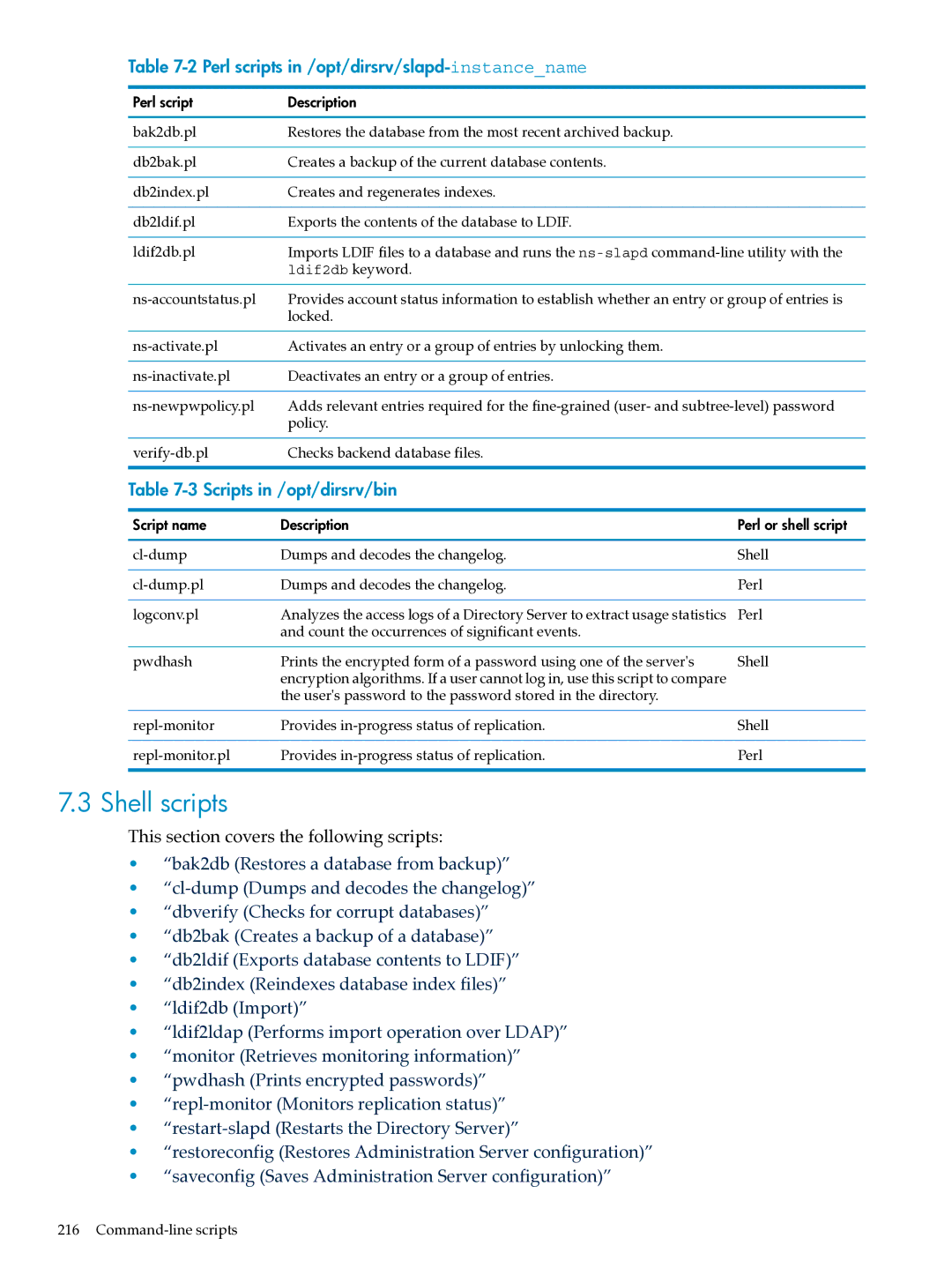 HP UX Identity Security Software Shell scripts, Perl scripts in /opt/dirsrv/slapd-instancename, Scripts in /opt/dirsrv/bin 