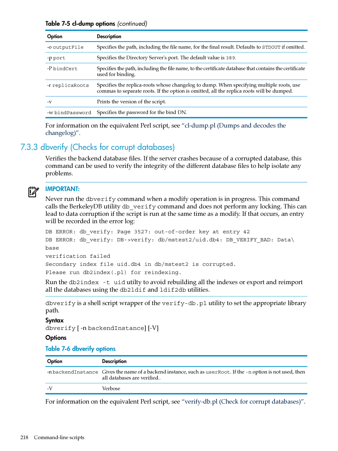 HP UX Identity Security Software manual Dbverify Checks for corrupt databases, Cl-dump options, Options, Dbverify options 