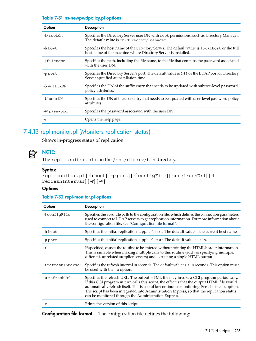 HP UX Identity Security Software manual Repl-monitor.pl Monitors replication status, ns-newpwdpolicy.pl options 