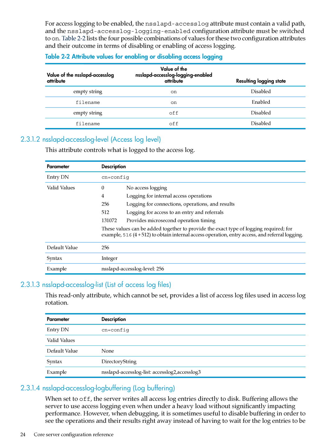 HP UX Identity Security Software Nsslapd-accesslog-level Access log level, Nsslapd-accesslog-list List of access log files 