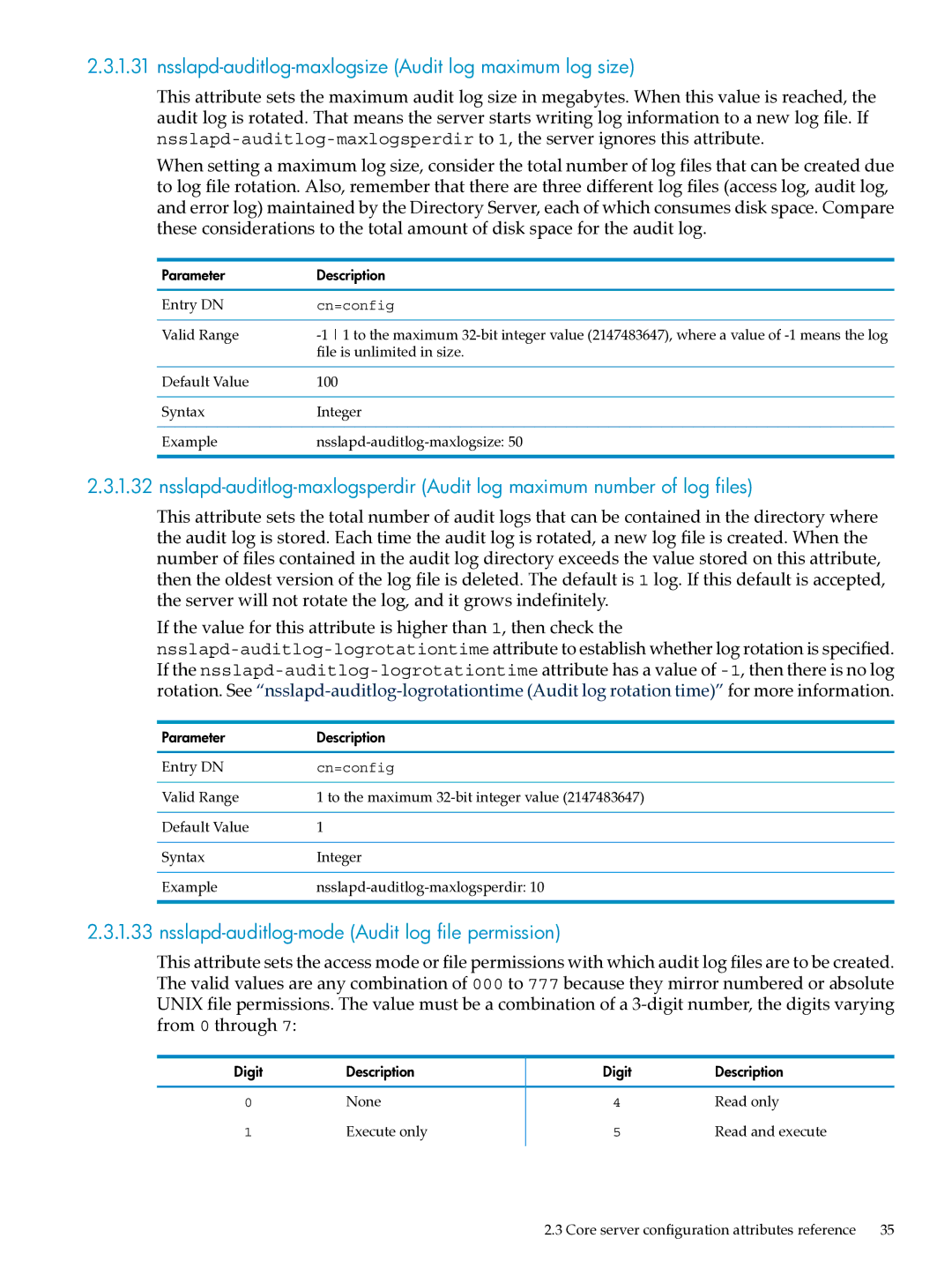 HP UX Identity Security Software manual Nsslapd-auditlog-maxlogsize Audit log maximum log size, None Read only Execute only 